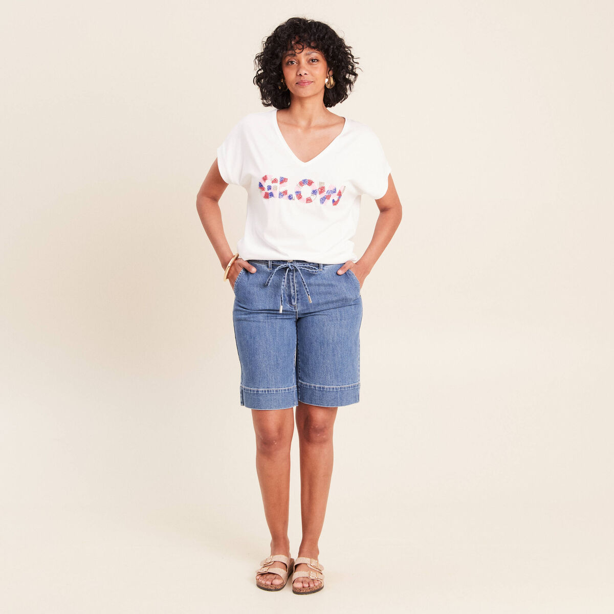 T-shirt col v manches courtes ecru femme