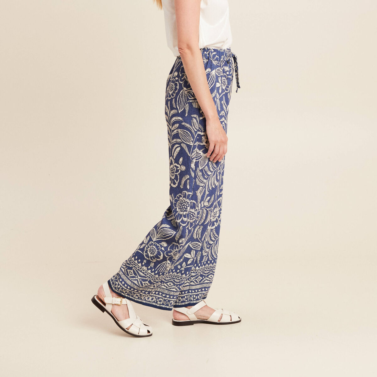 Pantalon large taille haute bleu femme