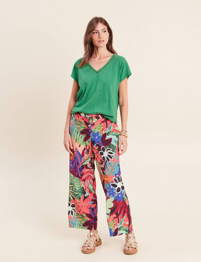 T-shirt col v manches courtes aspect lin vert femme