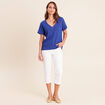 T-shirt col v manches courtes bleu fonc&eacute; femme