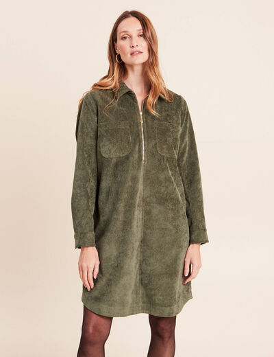 Robe droite courte velours col chemise vert kaki femme