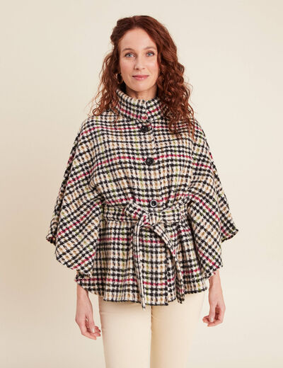 Poncho ceinturé boutonné multicolore femme
