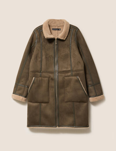 Manteau cintr&eacute; mi-long vert kaki femme