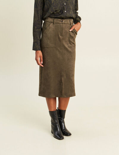 Jupe longue droite su&eacute;dine vert kaki femme