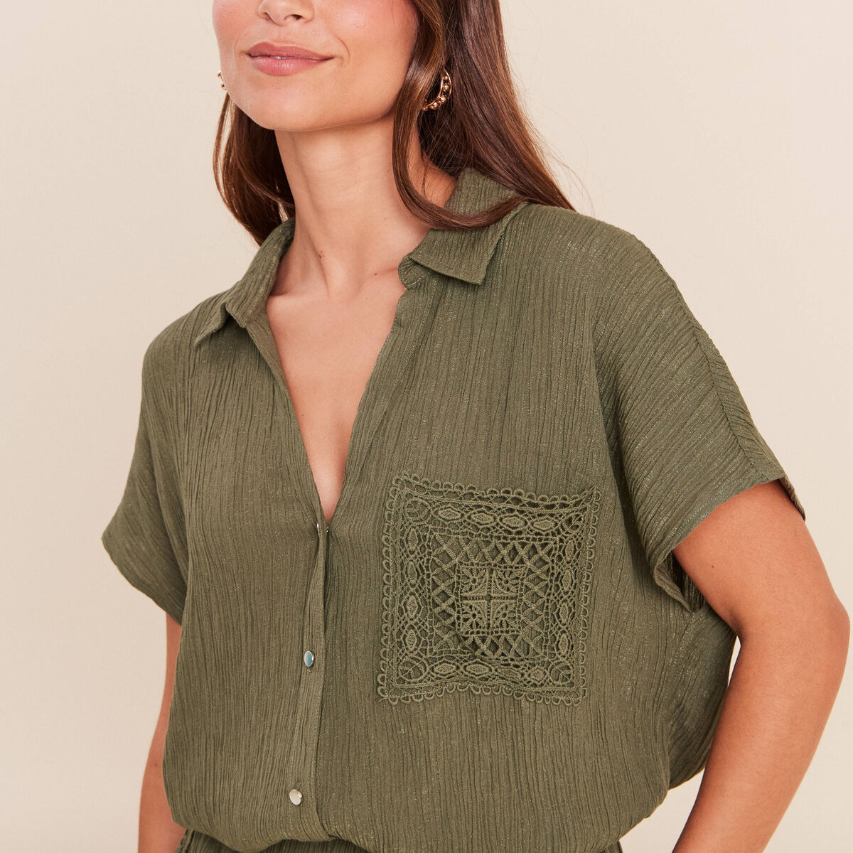 Chemise ample courte manches courtes vert kaki femme