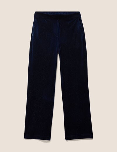 Pantalon large taille haute &agrave; paillettes bleu fonc&eacute; femme