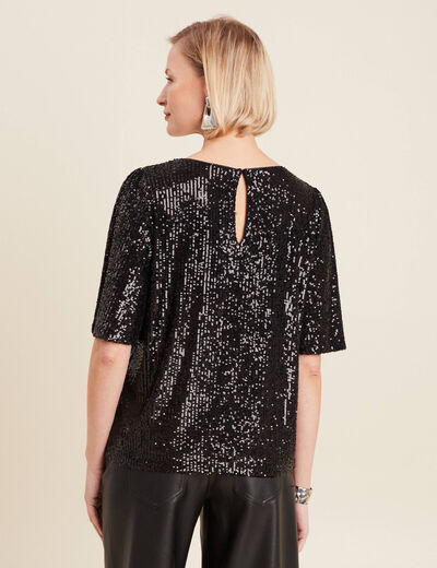 T-shirt manches 3/4 sequins noir femme