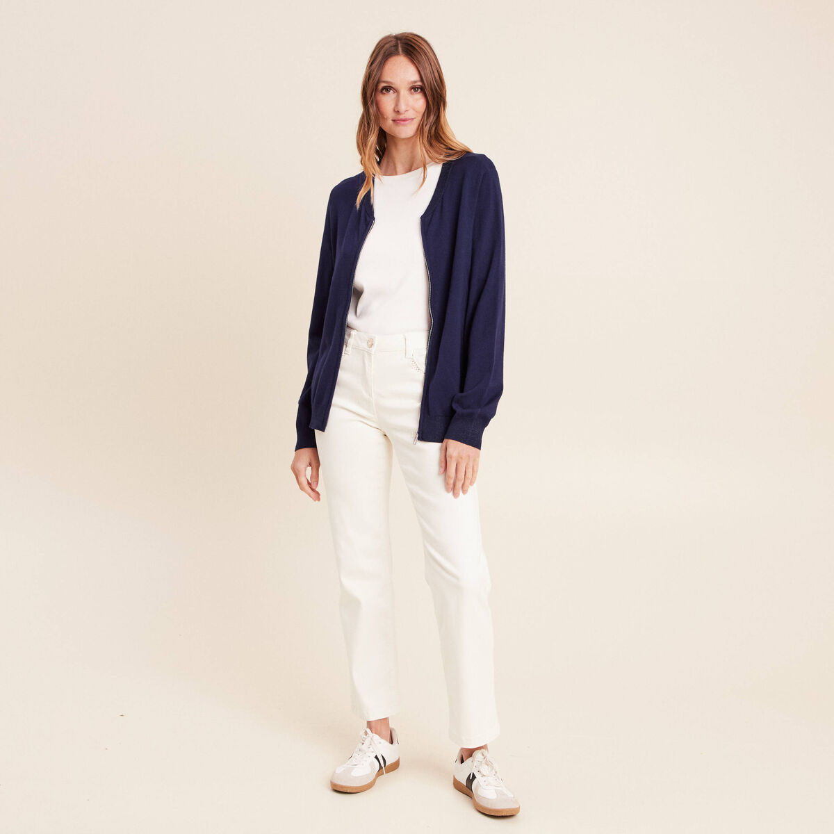 Gilet droit mi-long manches longues bleu marine femme
