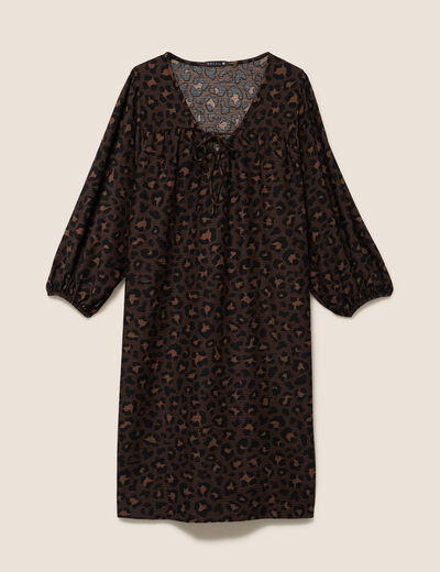 Robe courte &eacute;vas&eacute;e col v manches 3/4 marron femme
