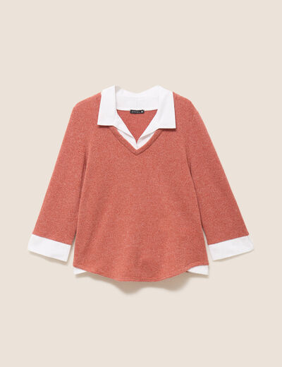 T-shirt col chemise manches 3/4 vieux rose femme