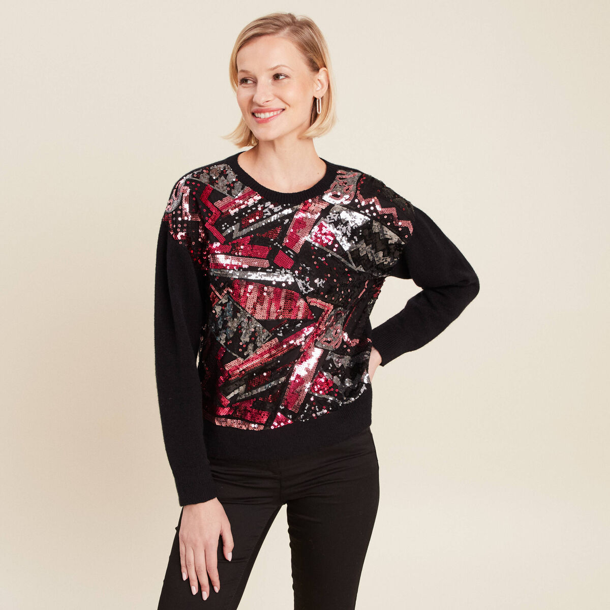 Pull manches longues sequins noir femme