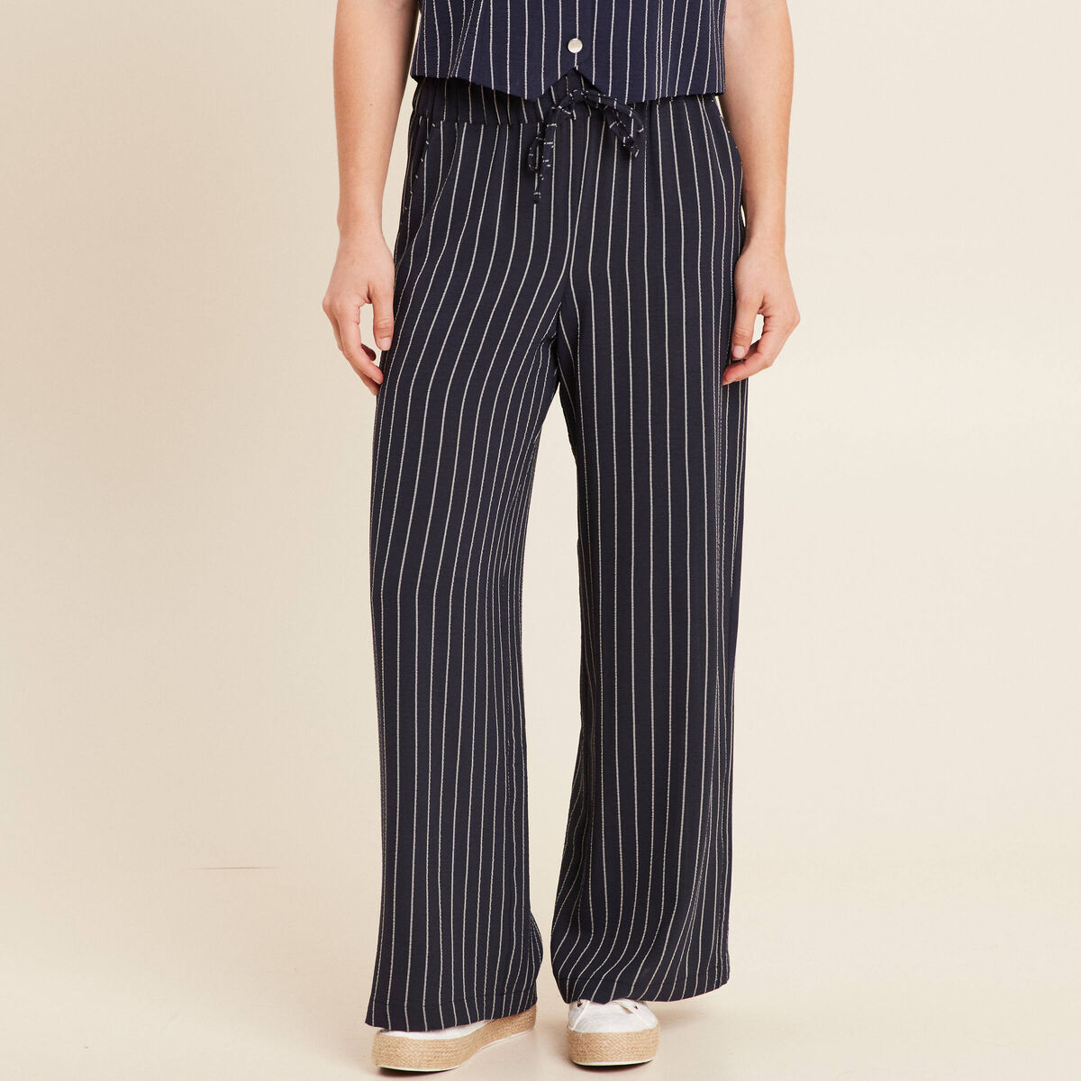 Pantalon large taille haute bleu fonc&eacute; femme