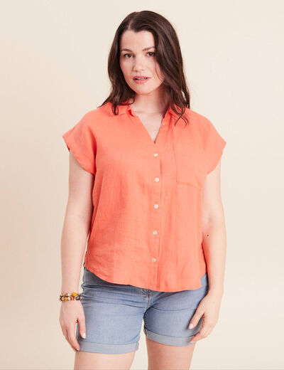 Chemise ample manches courtes aspect lin orange fluo femme