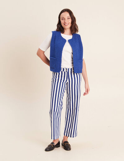 Gilet sans manches bouclette poches bleu fonc&eacute; femme