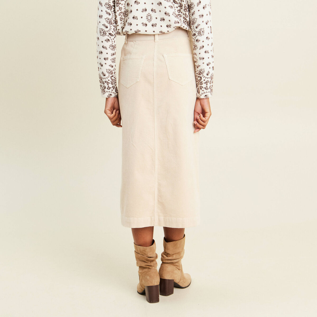 Jupe droite longue en velours sable femme