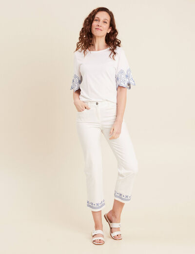 T-shirt manches courtes brodé blanc femme