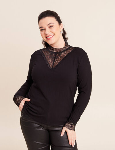 T-shirt cintr&eacute; col montant dentelle noir femme