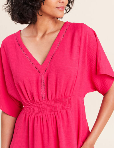 Robe longue &eacute;vas&eacute;e col v manches coudes rose fushia femme