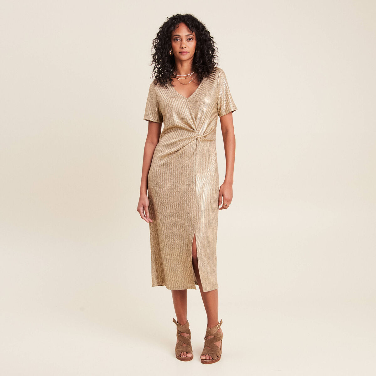 Robe ajustée métallisée couleur or femme
