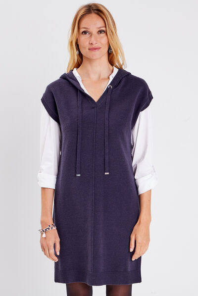 Robe pull droite avec capuche bleu foncé femme