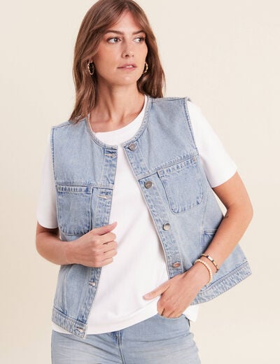 Veste cintr&eacute;e sans manches en jean denim double stone femme