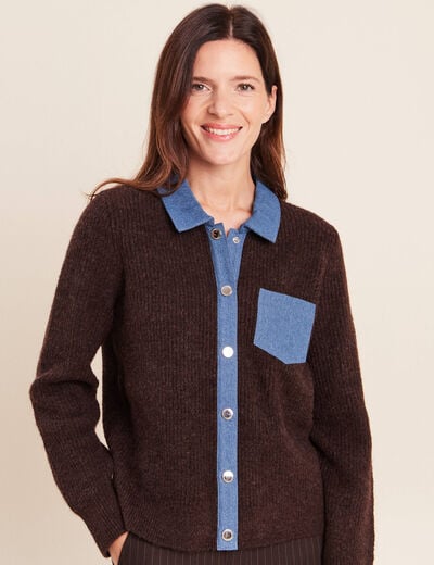Veste col chemise manches longues marron fonc&eacute; femme