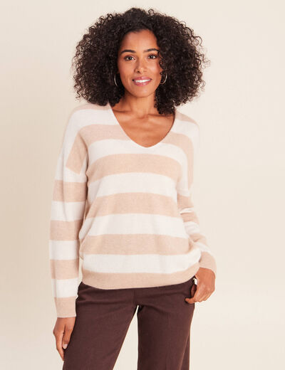 Pull col v beige femme