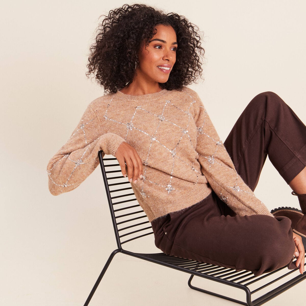 Pull col rond &agrave; sequins marron clair femme