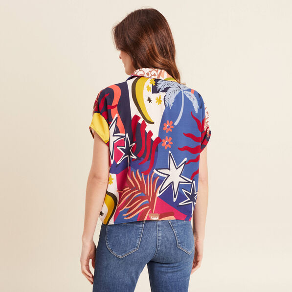Chemise manches courtes nouée bleu femme