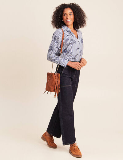 Chemise droite manches longues bleu fonc&eacute; femme