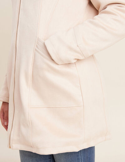 Manteau su&eacute;dine &agrave; capuche creme femme