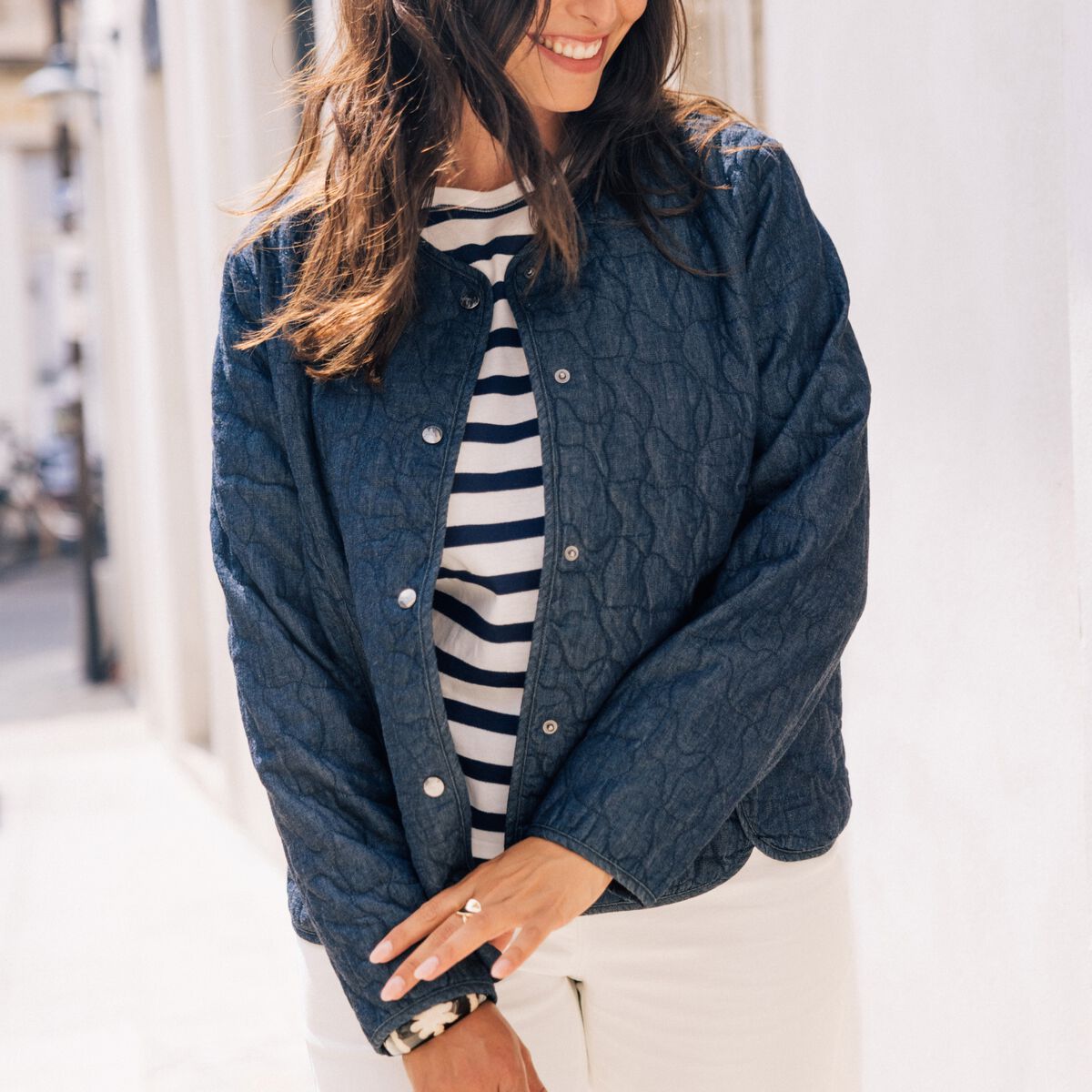 Doudoune doubl&eacute;e sans col denim brut femme