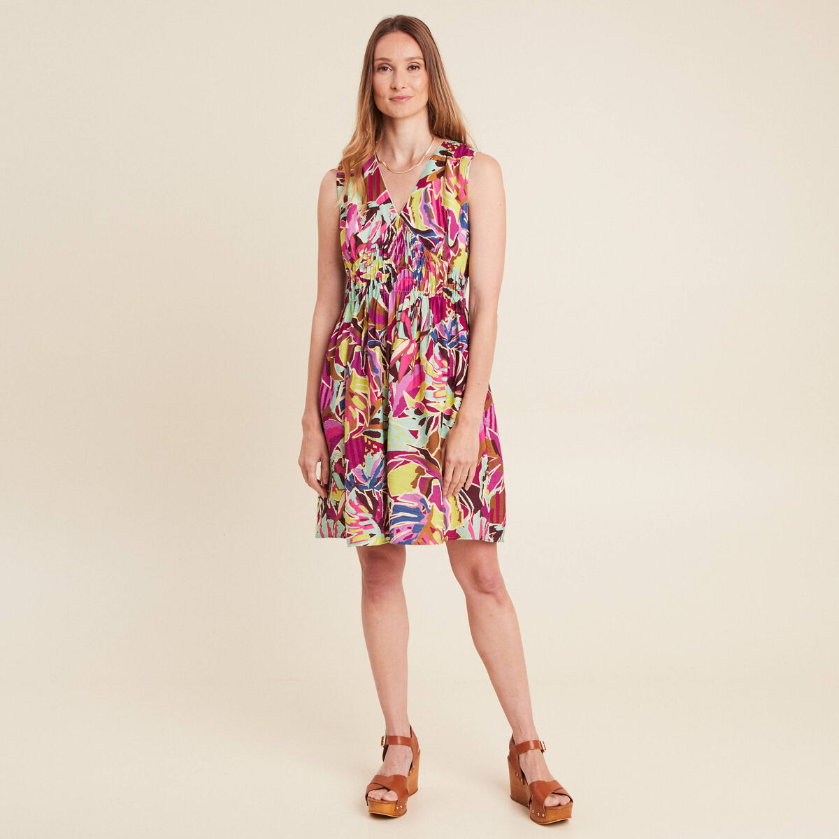 Robe évasée courte sans manches doublée mauve femme