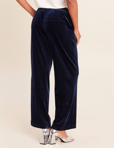 Pantalon large taille haute &agrave; paillettes bleu fonc&eacute; femme