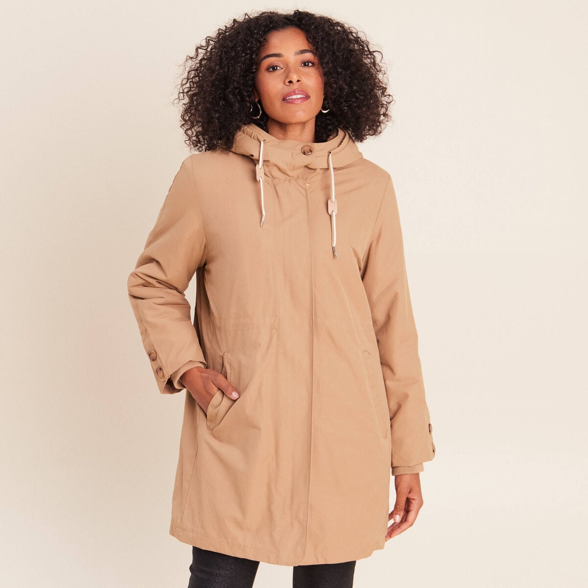 Parka &agrave; capuche taille ajustable taupe femme