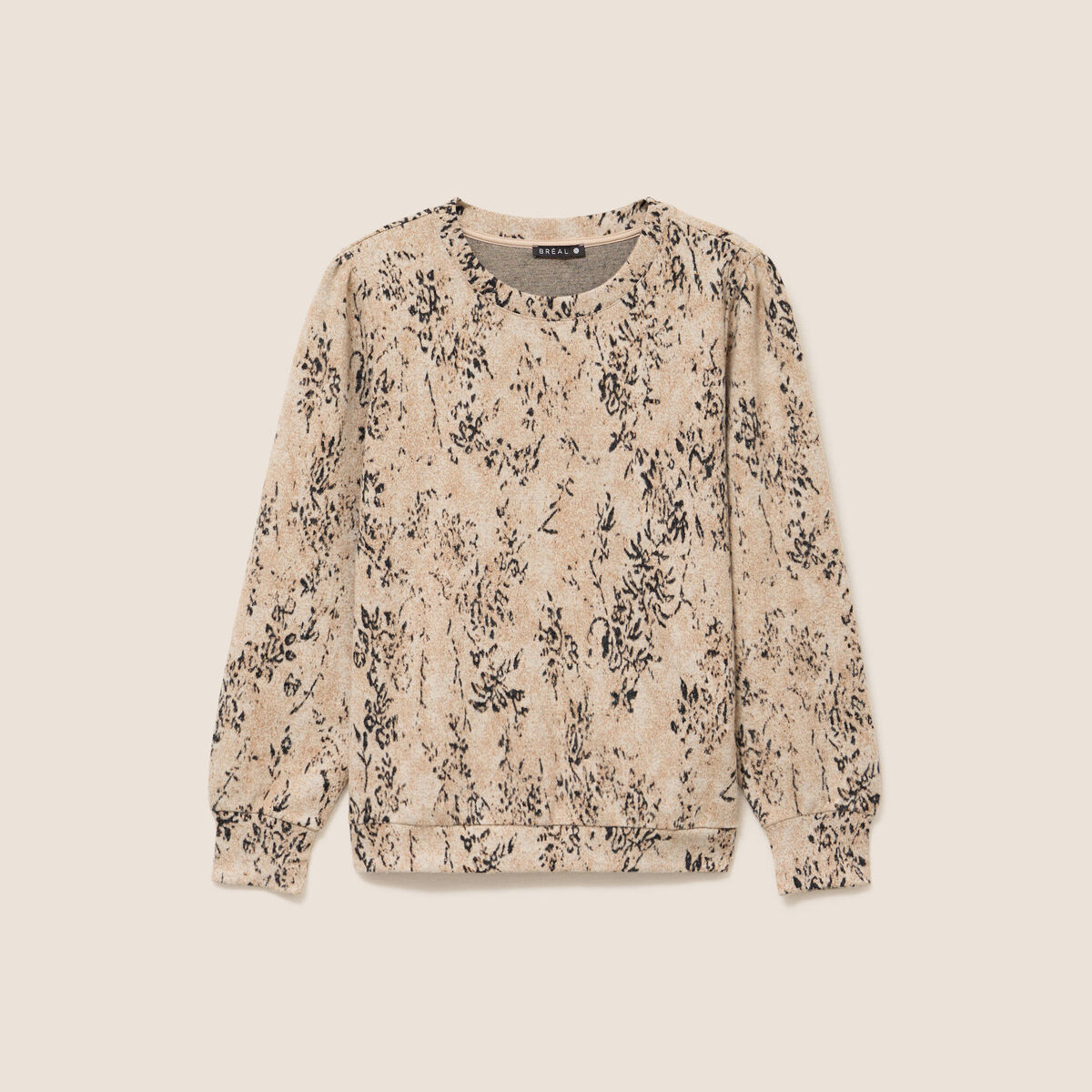 T-shirt court col rond manches longues beige femme