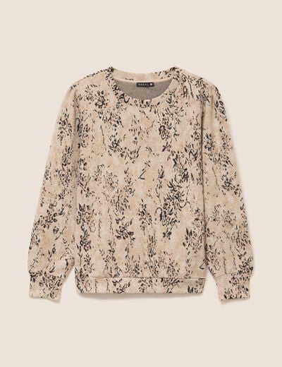 T-shirt court col rond manches longues beige femme