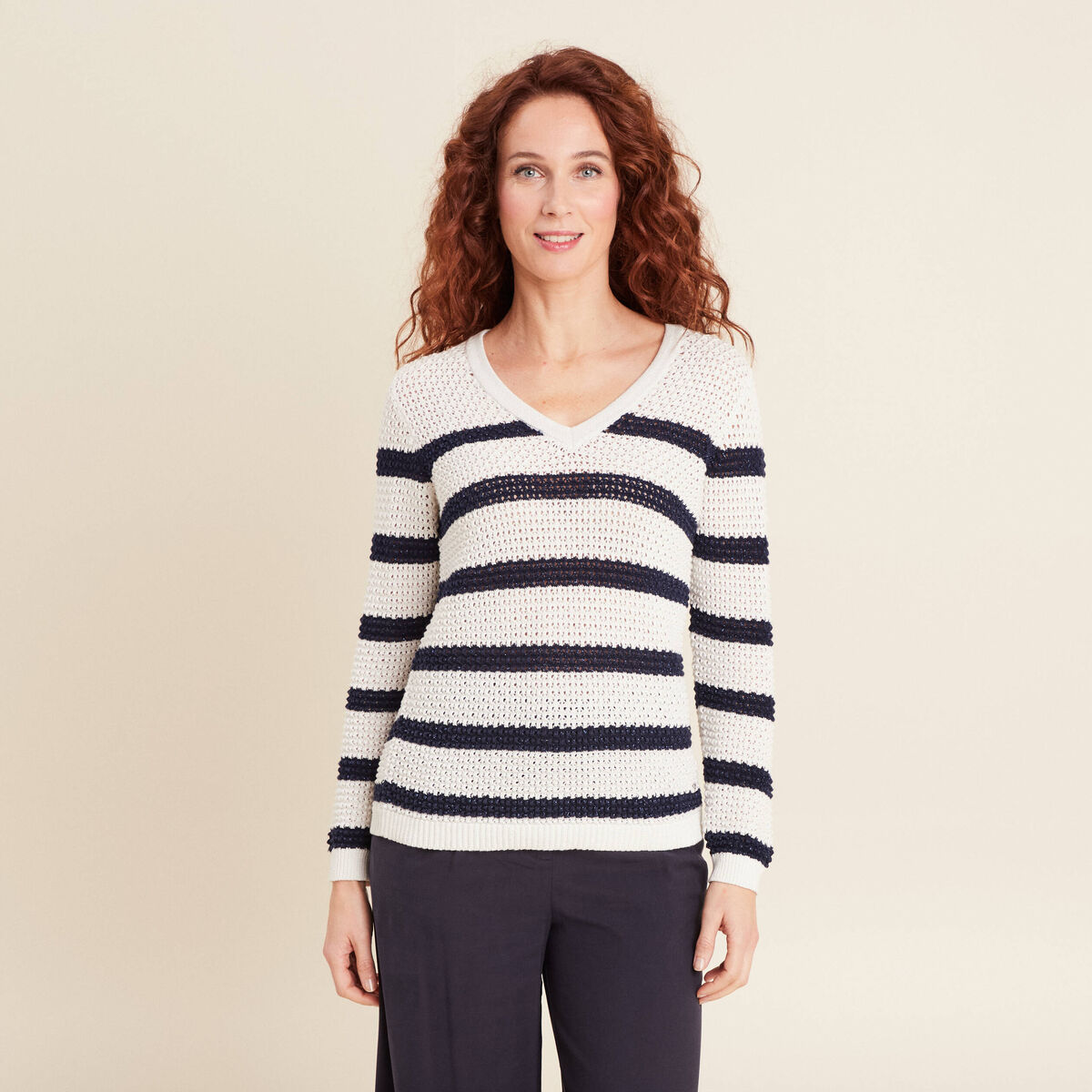 Pull manches longues ajouré ecru femme
