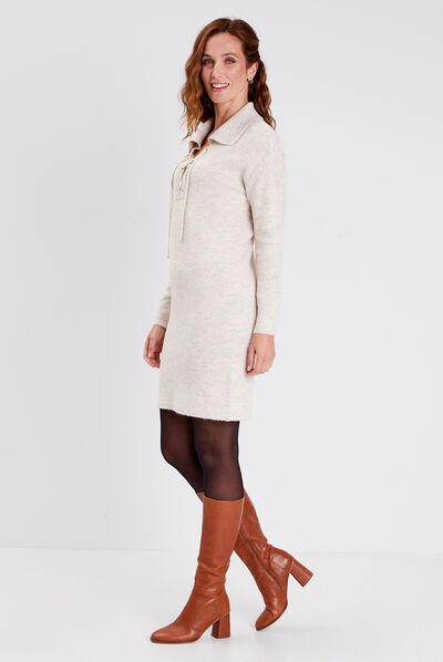 Robe pull droite avec laçage creme femme