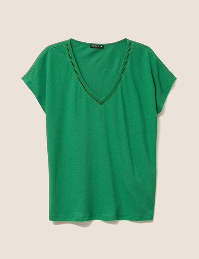 T-shirt col v manches courtes aspect lin vert femme
