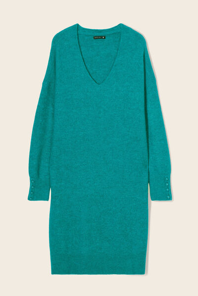 Robe pull droite col en V vert canard femme