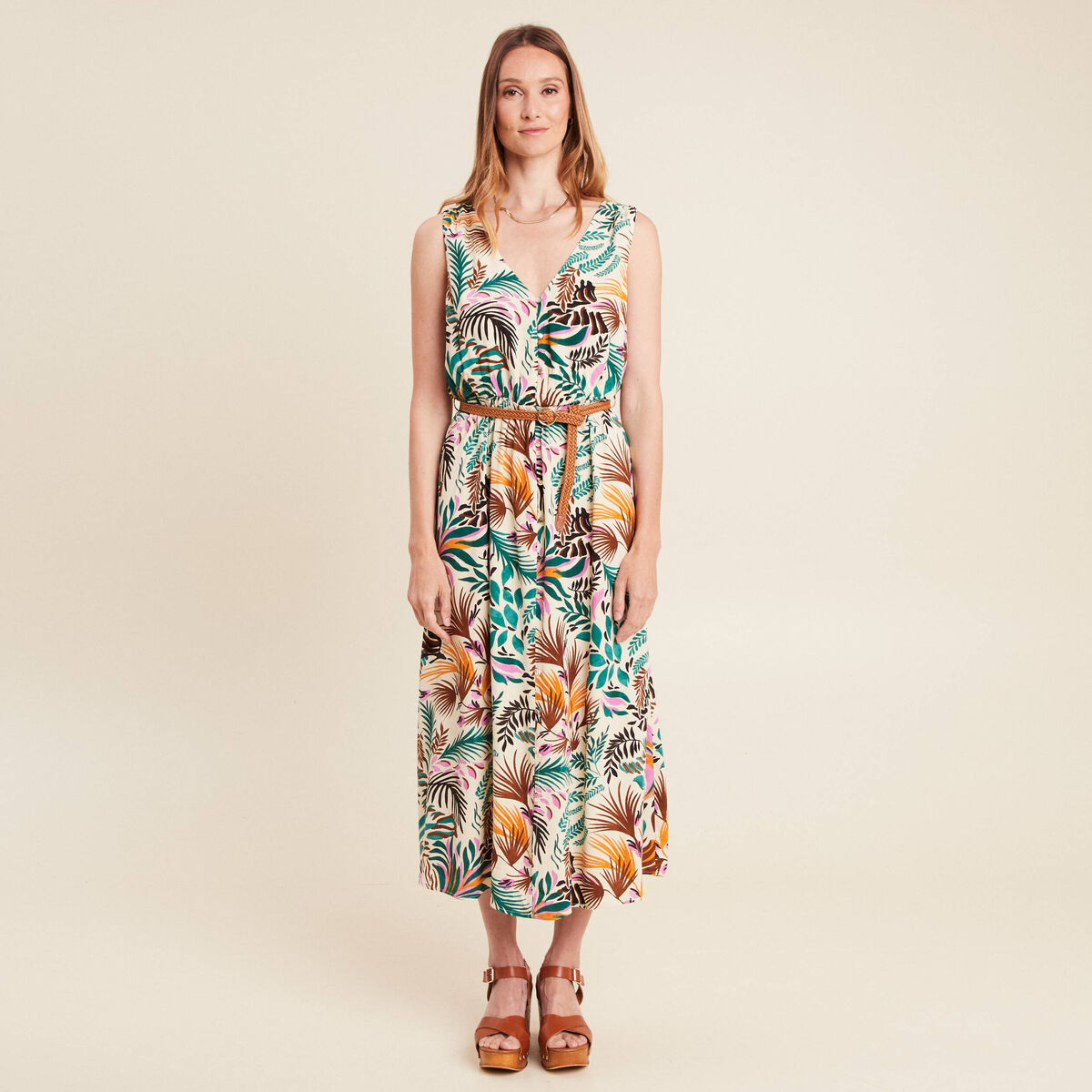 Robe midi évasée ceinturée multicolore femme