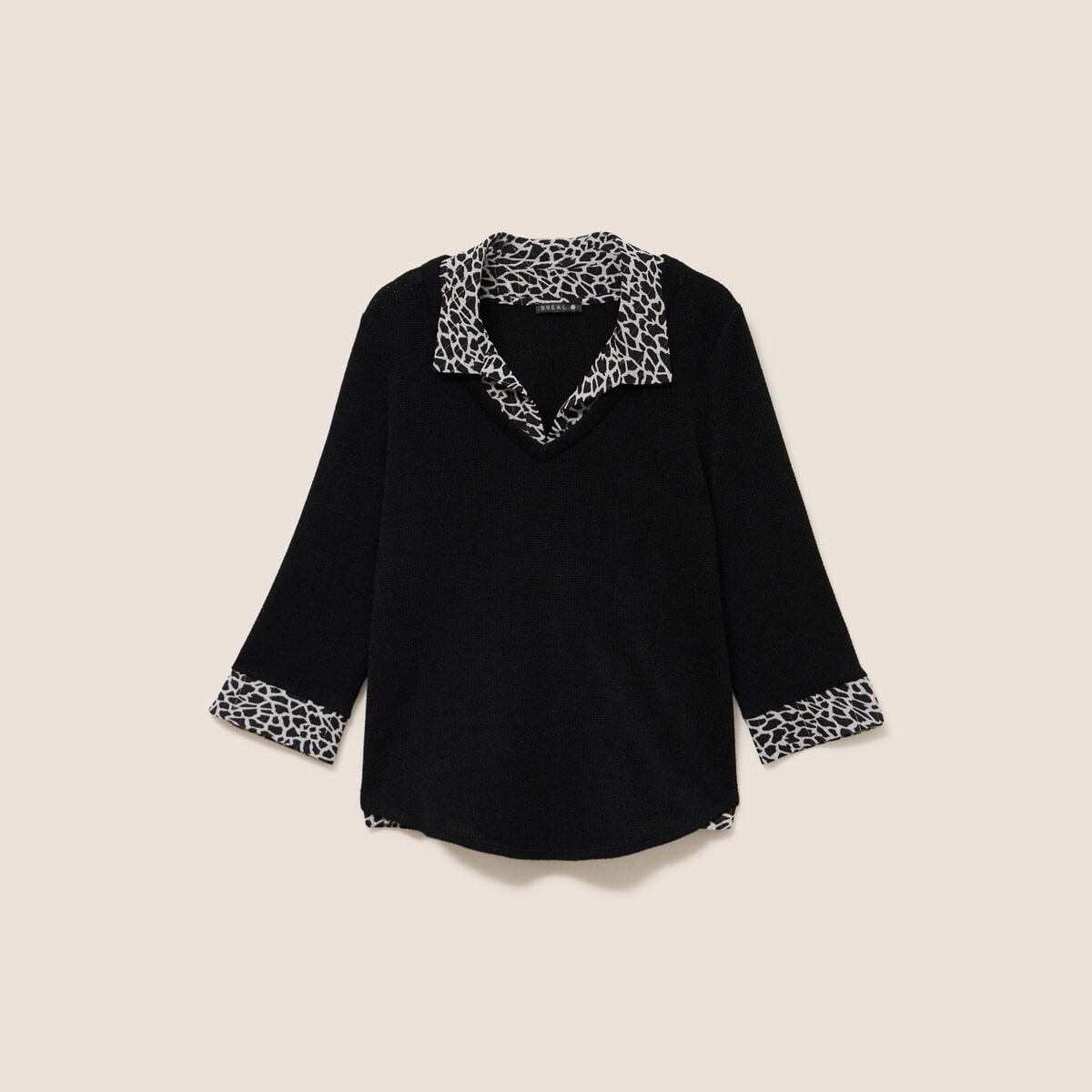 T-shirt col chemise manches 3/4 noir femme