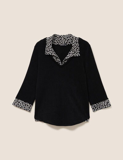 T-shirt col chemise manches 3/4 noir femme