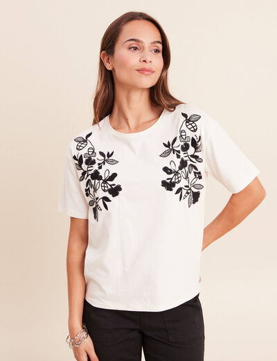 T-shirt ample col rond brod&eacute; ecru femme