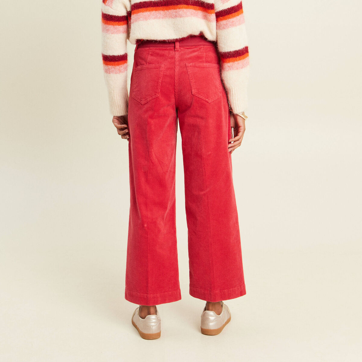 Pantalon large velours c&ocirc;tel&eacute; rouge femme