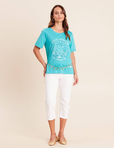 T-shirt col rond manches courtes brod&eacute; vert turquoise femme