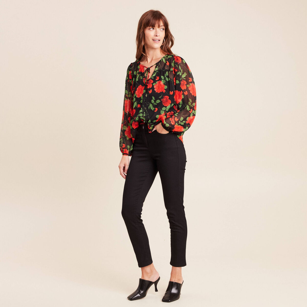 Blouse ample en voile col rond rouge femme