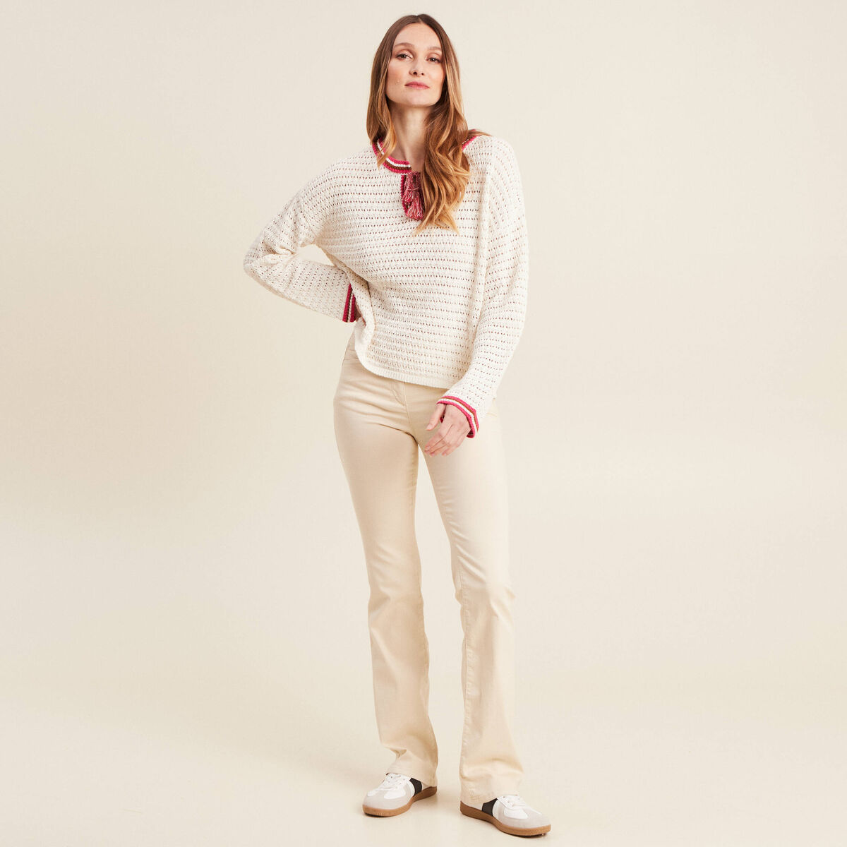 Pantalon léger bootcut taille basculée ivoire femme