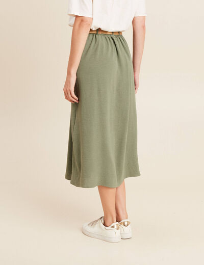 Jupe longue évasée ceinturée vert kaki femme